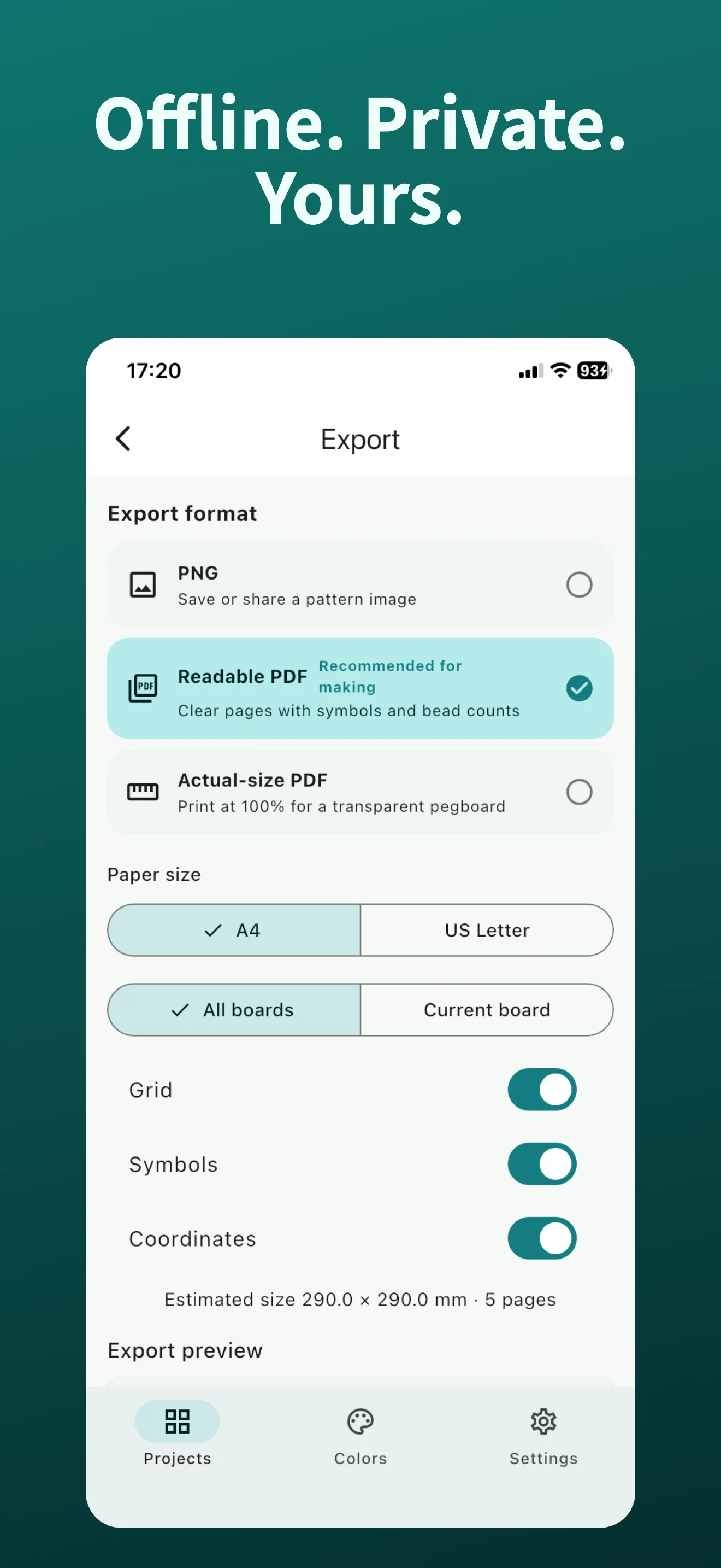 Bead Pattern offline export and privacy